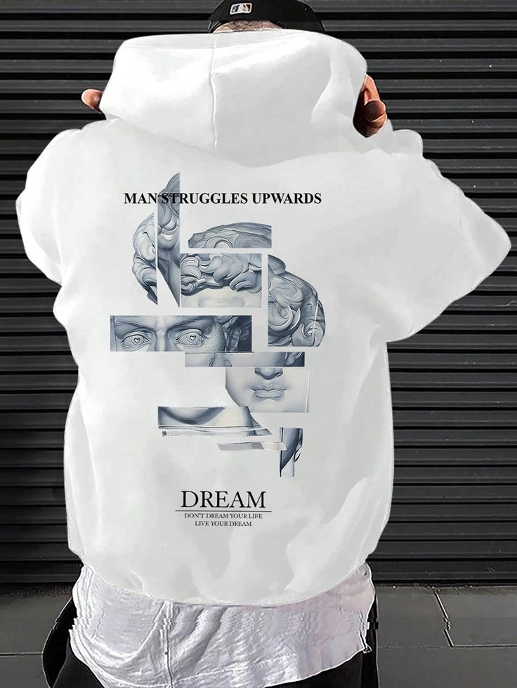 سويتشيرت رجالي بقبعة، بقصة واسعة وأكمام طويلة، بطباعة حروف ورسومات