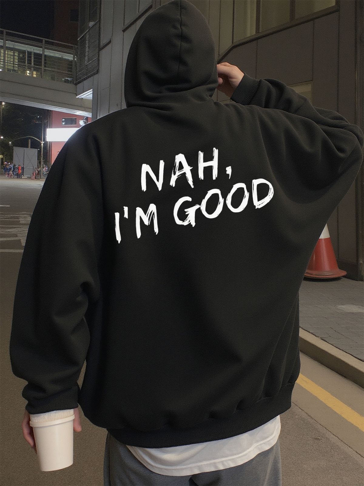 هودي رجالي ستايل الشارع بطباعة يد وعبارة «لا، أنا بخير»، مناسب للارتداء في فصلي الربيع والخريف