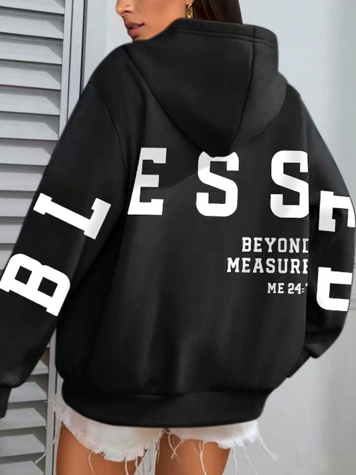 هودي نسائي سادة بمقاس كبير بشعار، مناسب للاستخدام اليومي الكاجوال، باللون الأسود