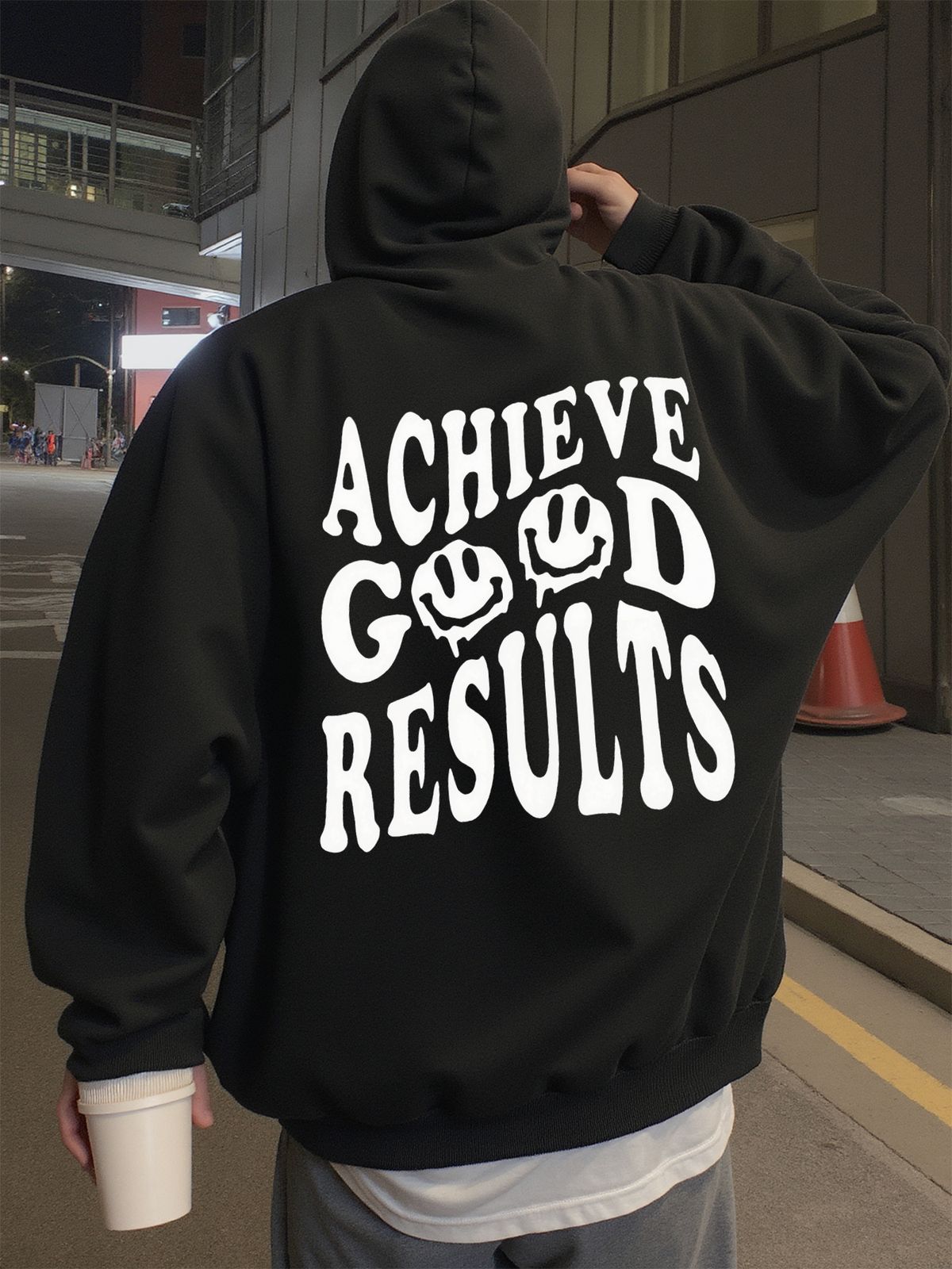هودي رجالي ستايل الشارع بطباعة عبارة «حقق نتائج جيدة»، هودي رجالي برسمة مطبوعة، مناسب لـ